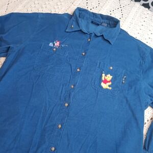Pooh Disney XL Novelty Corduroy Shirt Shacket Buttons Embroidery Winnie Piglet